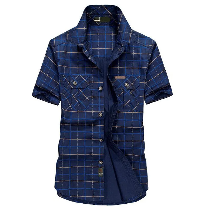 Свободные размеры 5XL мужские рубашки летняя брендовая одежда Camiseta Masculina клетчатая Хлопковая мужская рубашка с коротким рукавом - Цвет: Синий