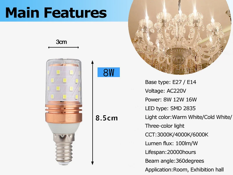 8W 12W 16W LED Corn Light E14 E27 SMD2835 AC220V Household Decorative Chandelier Table Lamp (6)