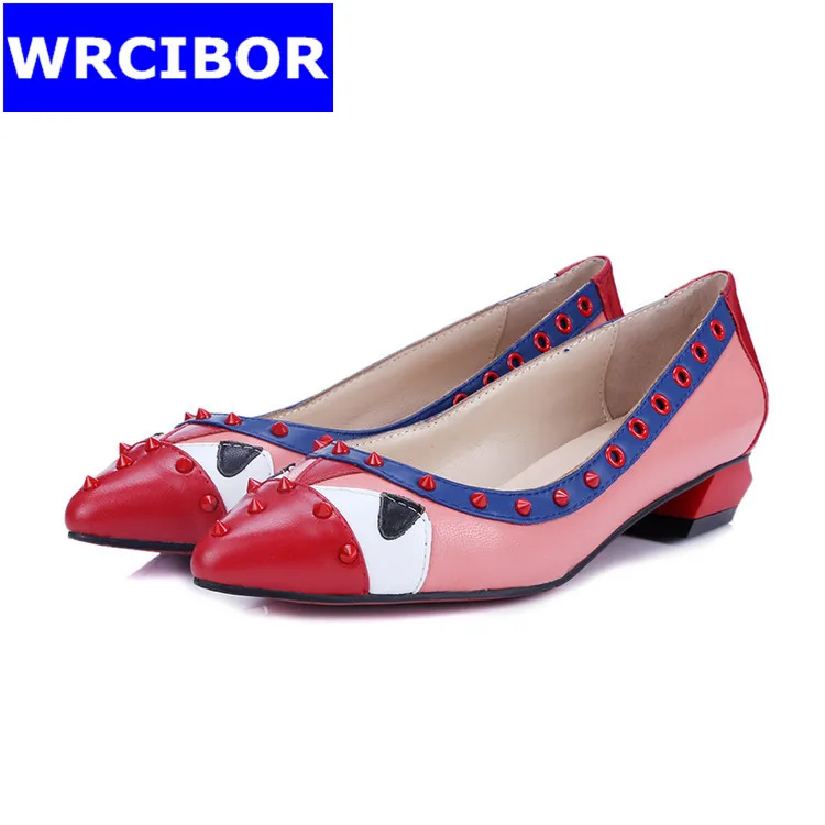 

women's shoes fashion women pumps high heels red 2017 NEW Genuine leather low heel shoes woman rivet pointed toe shoes ladies