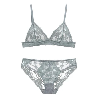 

Sexy Lace Triangle cup Bra Sets For Women Wireless ultrathin full lace transparent bra and panty Underwear 2019 Lingerie Set