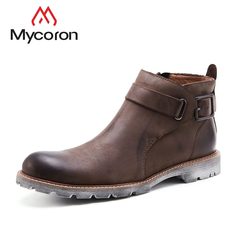 

MYCORON Genuine Leather Men Winter Boots Fashion Ankle Boots Brown Male Casual Martin Boots Luxury Designer Male Winter Shoes