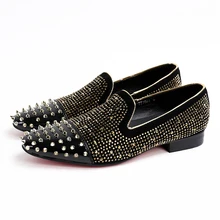 New Arrival Men Black Full Rivet Velvet Shoes with Black Patent Leather Toe Rivets Prom and Party Men Dress Shoes Male’s Loafers