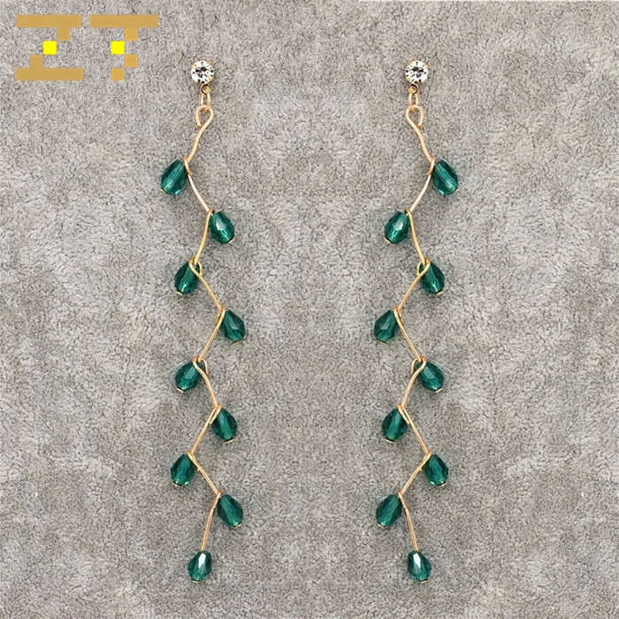 

Hot Sale Fashion DIY Handmade Statement Water Drop Green Crystal Beaded Long Tassel Earrings for Women Jewelry Bijoux Oorbellen