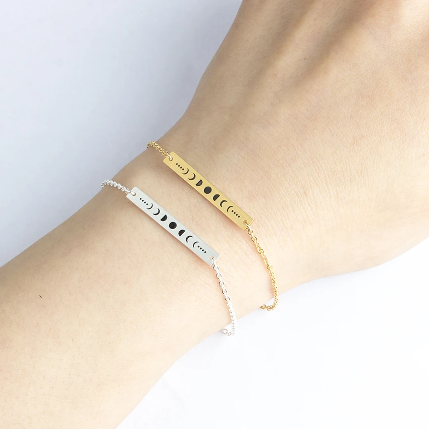 

Stainless Steel Long Bar Bracelet Custom Engraved Crescent Moon Sun Jewelry Phase Of The Moon Bracelets For Women Pulseras