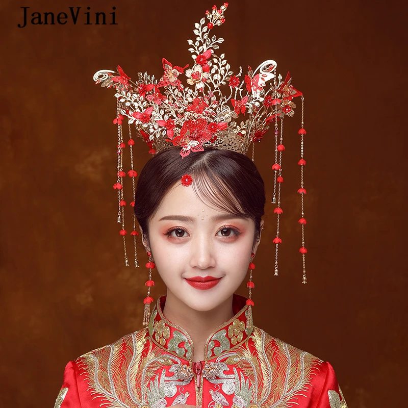 JaneVini Роскошные китайские Золотые Свадебные короны костюм с бусинами красные