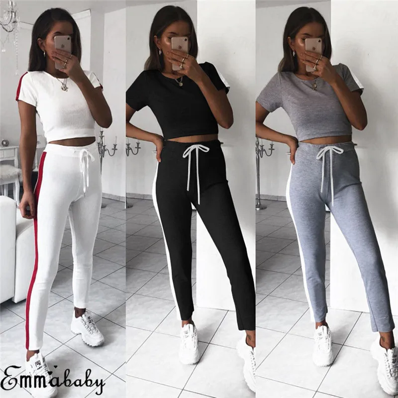 

2018 Women Casual Crop Top Tracksuit Sport wear Two Piece Playsuit Ladies Autumn Short sleeve Hot full length Outfits set