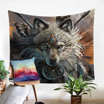 Wolf Warrior by SunimaArt Tapestry Wall Hanging Tribal Animal Sheets Wolf Tapestry Home Decor Beach Mat Dreamcatcher Bedlinen 2