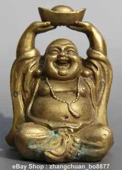

WBY Old Tibet Tibetan Buddhism Brass Yuanbao Happy Laugh Maitreya Buddha Statue Garden Decoration 100% real Brass Bronze