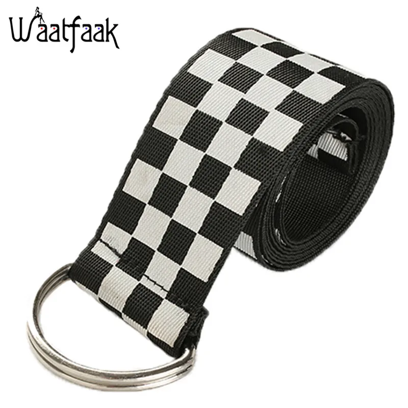 

Waatfaak Checkerboard Double Loop Shaped Mental Buckle Waist Jeans Belt Fashion Woven Female Waistbands Streewear Casual 2018