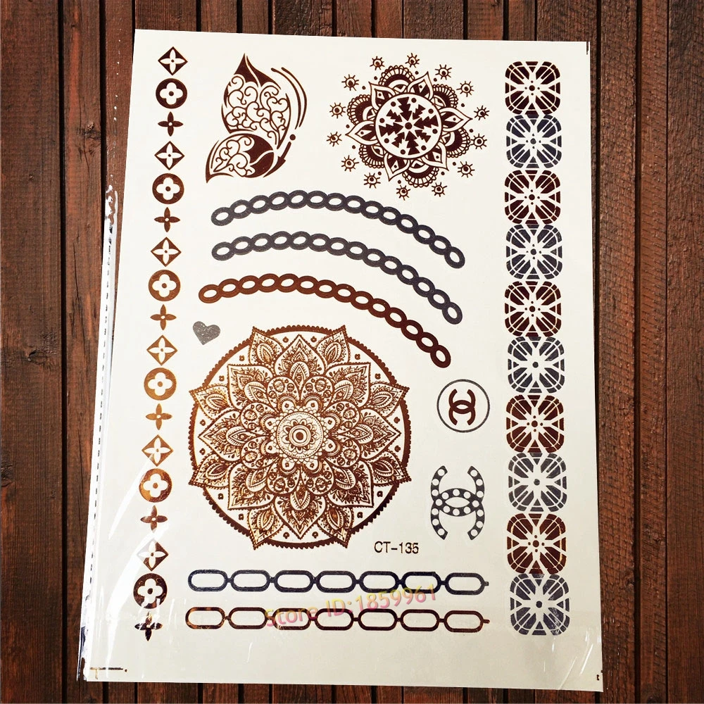 

1PC Round Henna Flower Gold Metallic Temporary Tattoo Stickers, Fake Flash Tattoo For Sexy Women, Bracelet Jewel Pattern Tattoo