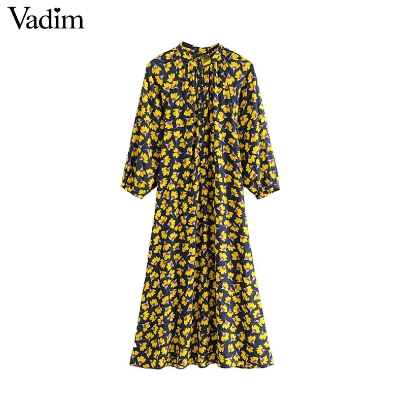

Vadim women stylish floral print midi dress long sleeve female casual wear straight mid calf dresses summer chic vestido QC547