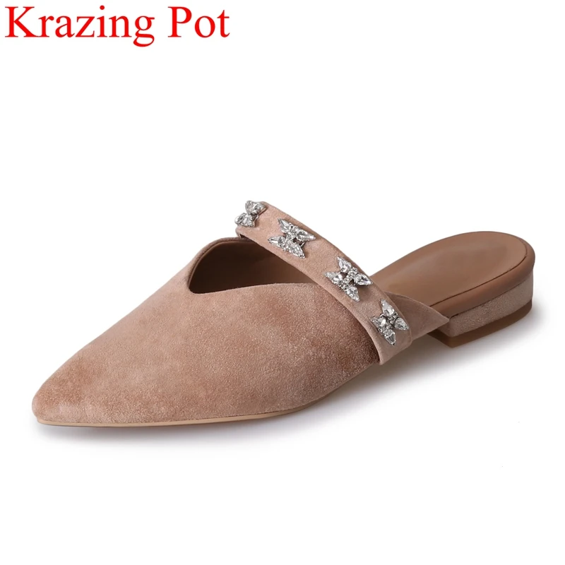 

2018 new arrival kid suede crystal low heels women sandals pointed toe shallow elegant concise mules slingback summer shoes L81