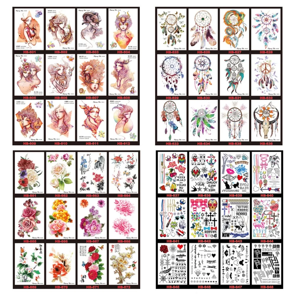 

12 PCS/ lot Colorful Drawing Waterproof Temporary Tattoo Body Art Tatoo Women Men Henna Flower Owl Design Tattoo Stickers
