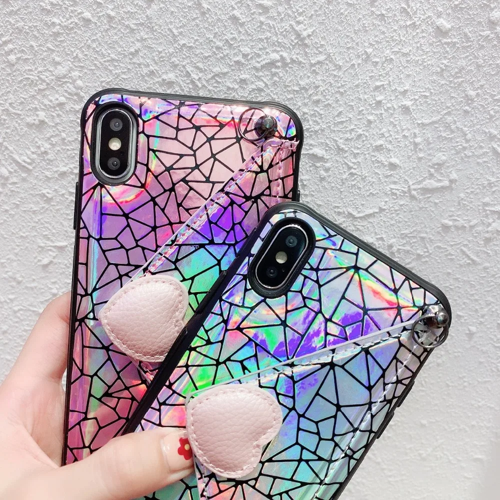 Cases For iPhone X Xr Xs Max Case Korean Laser Love Heart Flip Leather Stand Wallet Neck Strap Case For iPhone 7 8 6S Plus Cover (7)