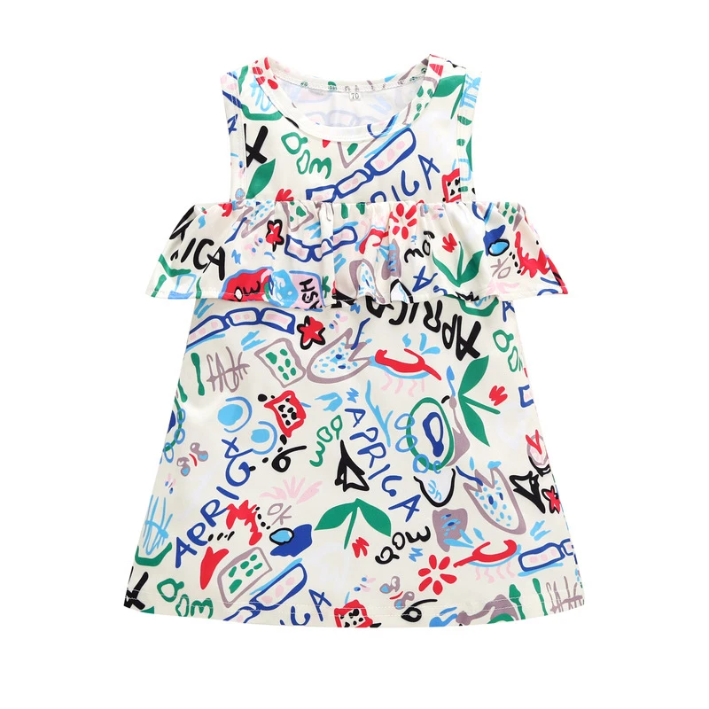 

Cartoon Print Infant Toddlers Dresses School Party Baby Girls Lovely Sleeveless Summer Dress Kids Girls Cute Soft Cotton Clothes