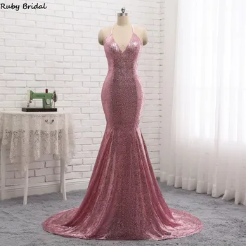 

Ruby Bridal 2019 Vestidos De Fiesta Long Mermaid Pink Sequins Evening Dresses Sexy Backless Cheap Hot Prom Party Gown P1905