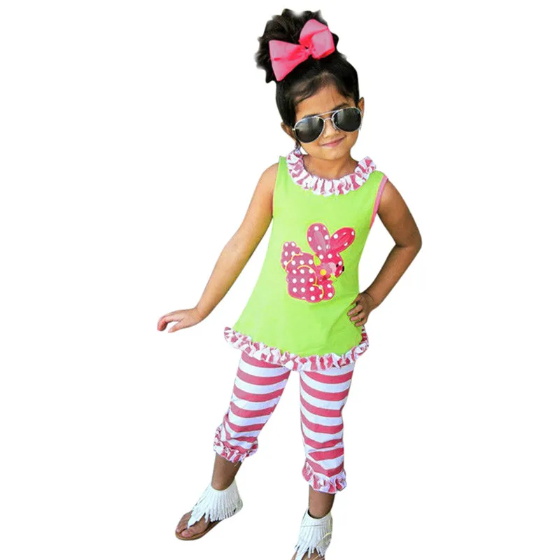 

Telotuny Girls Outfits Set Easter Rabbit Ruffles baby girl clothes Striped Pants Outfits Set baby girls clothes sets tops Dec26