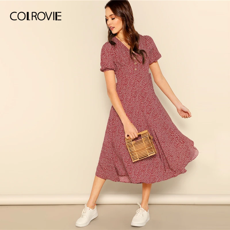 COLROVIE бордовое женское платье с v-образным вырезом и пуговицами, цветочный принт, бохо, лето, длинное платье трапециевидной формы для отдыха