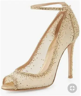 Sexy Bling Bling Crystal Wedding Shoes Bride Gold Mesh Rhinestone Patchwork Dress Pumps Champagne Black Glittering Heels Pumps