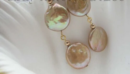 

Free shipping Natural 14mm Champagne Coin pearl Earrings 14k! 6.10