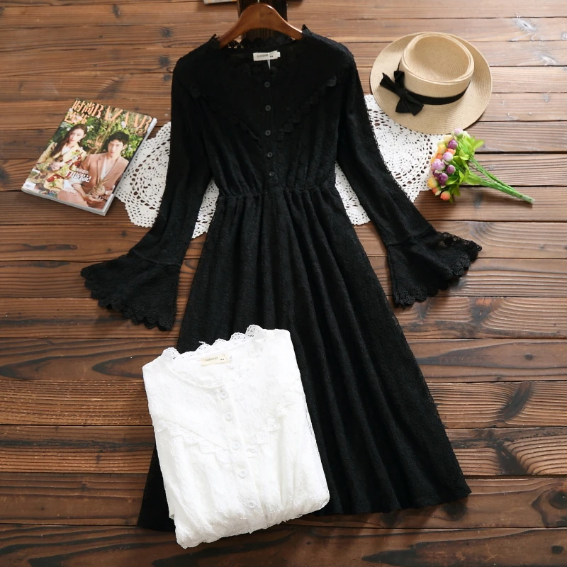 Japanese Mori Girl Spring Autumn Women Dress White Black Floral Lace Princess Party Long Dress Hollow Out Elegant Korean Dress