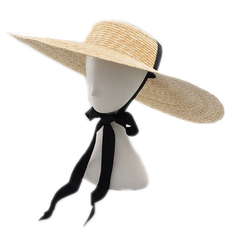 Wide Brim Hat Summer Beach Wheat Straw Women Boater hat with Ribbon Tie For Vacation Holiday Audrey Hepburn 671073