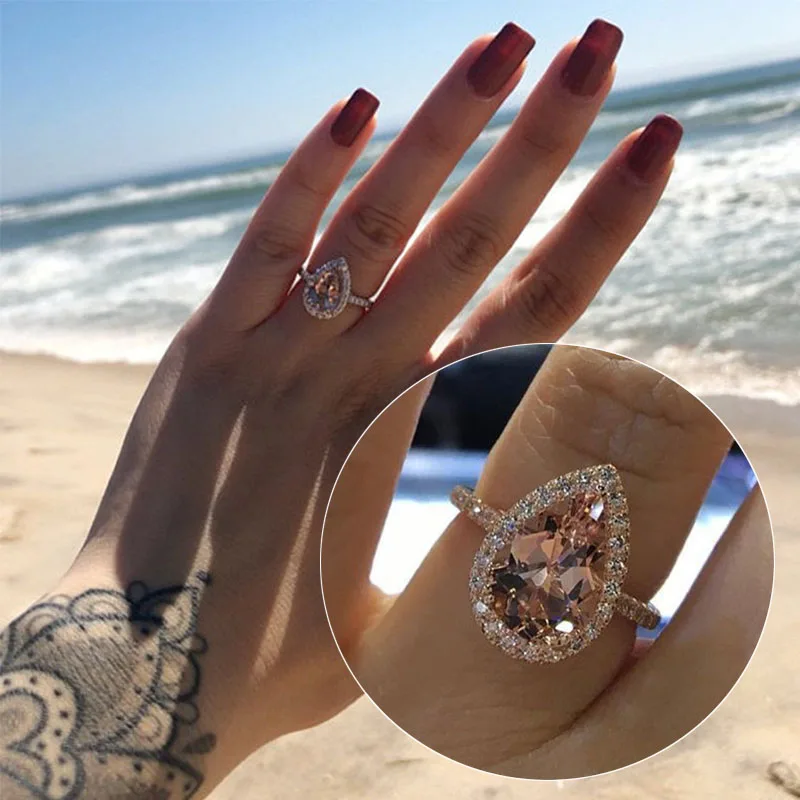 Модные элегантные кольца с большим кубическим цирконием цвета шампанского из розового золота с кристаллами в виде капли воды для женщин, ювелирные аксессуары