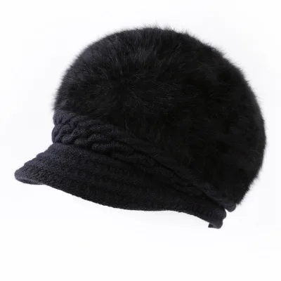Осенняя и зимняя Корейская версия волнистая доска со схемой кролика меховая шапка женская повседневная шапка толстый теплый вязаный свитер шапка jooyoo - Цвет: Черный