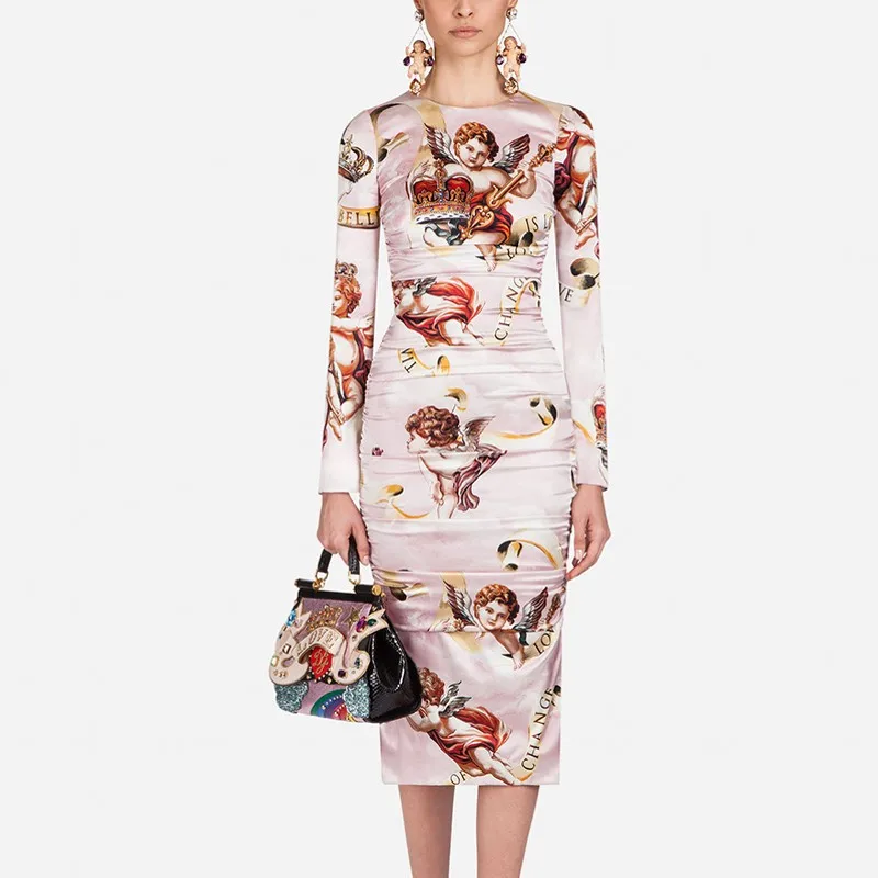 

2019 New Runway Designer Angel Print Bandage Fold Dress Fashion Women Long Sleeve Bodycon Knee Length Elegant Dresses Vestidos
