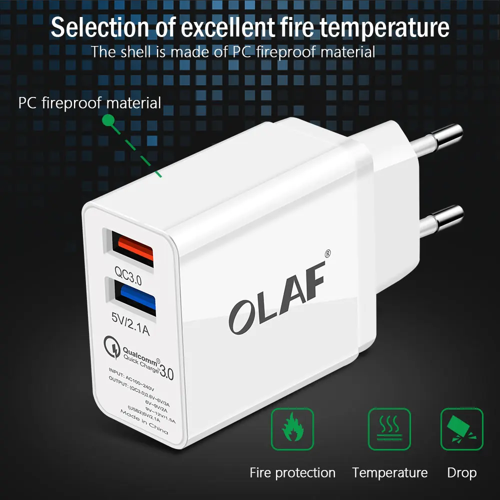 Зарядное устройство OLAF с двумя портами USB, 30 Вт, быстрая зарядка 3,0, зарядное устройство для мобильного телефона, для путешествий, штепсельная вилка европейского стандарта, настенный адаптер, магнитный кабель Micro USB