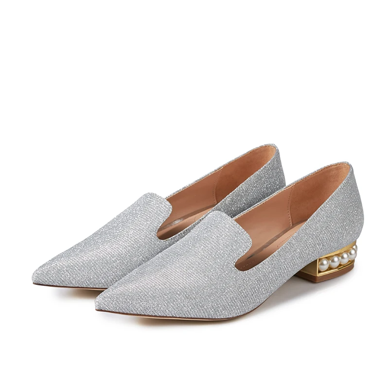

Newest Silver Pink Bling Pionted Toe Low Heel Pumps Woman Sexy Crystal Metal Short Heels Spring Autumn Dress Office Shoes