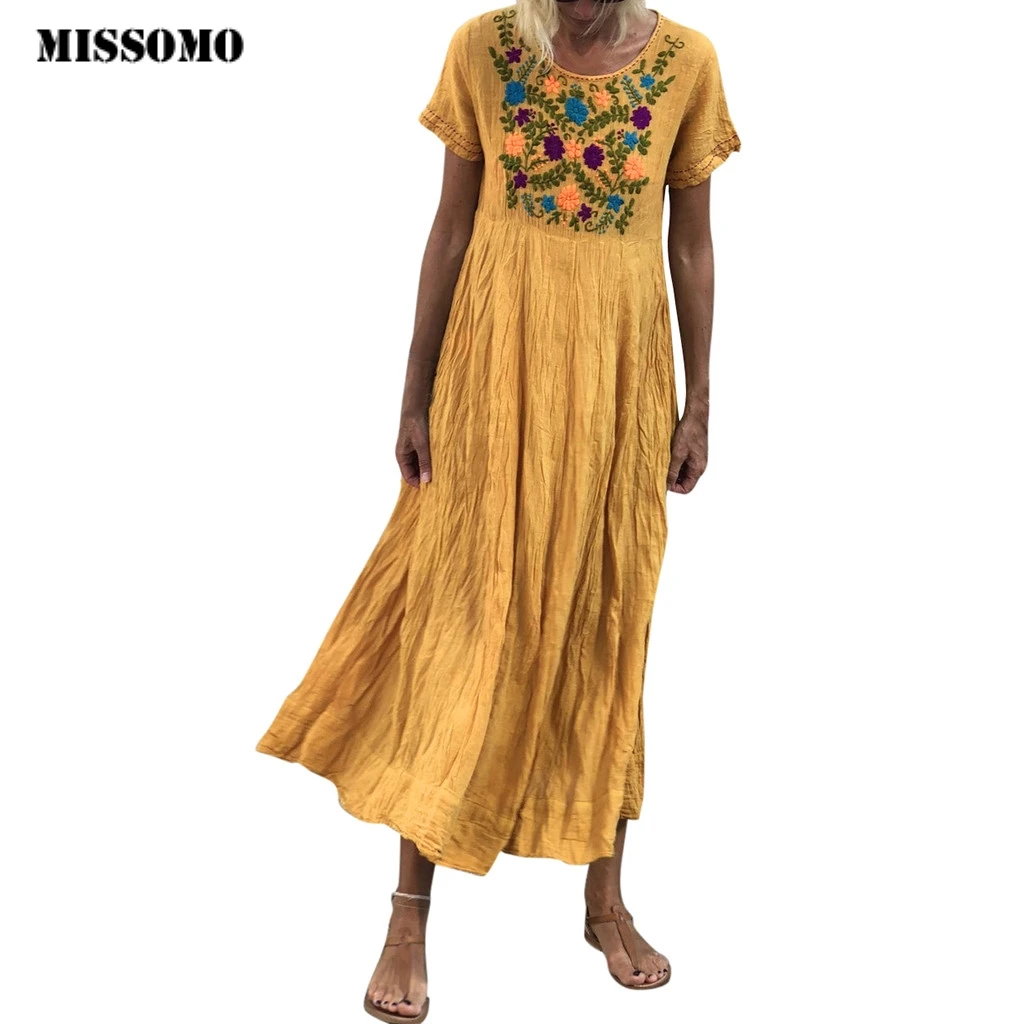 

MISSOMO 5XL dress Women Summer Vintage Boho Short Sleeve O Neck Embroidered Casual long Maxi Dress women Sundress Plus Size 625