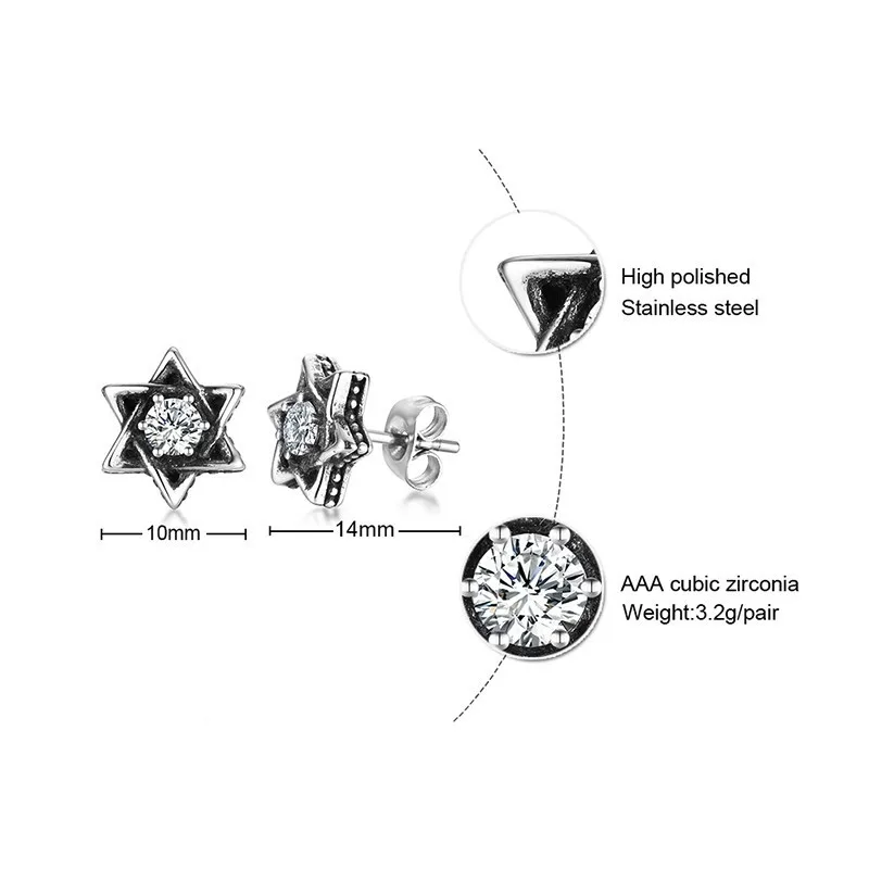 Мужские серьги-гвоздики из нержавеющей стали, 10 мм, Ретро стиль, Звезда Давида, CZ, мужские ювелирные изделия, Ретро стиль, готика, иудейские серьги
