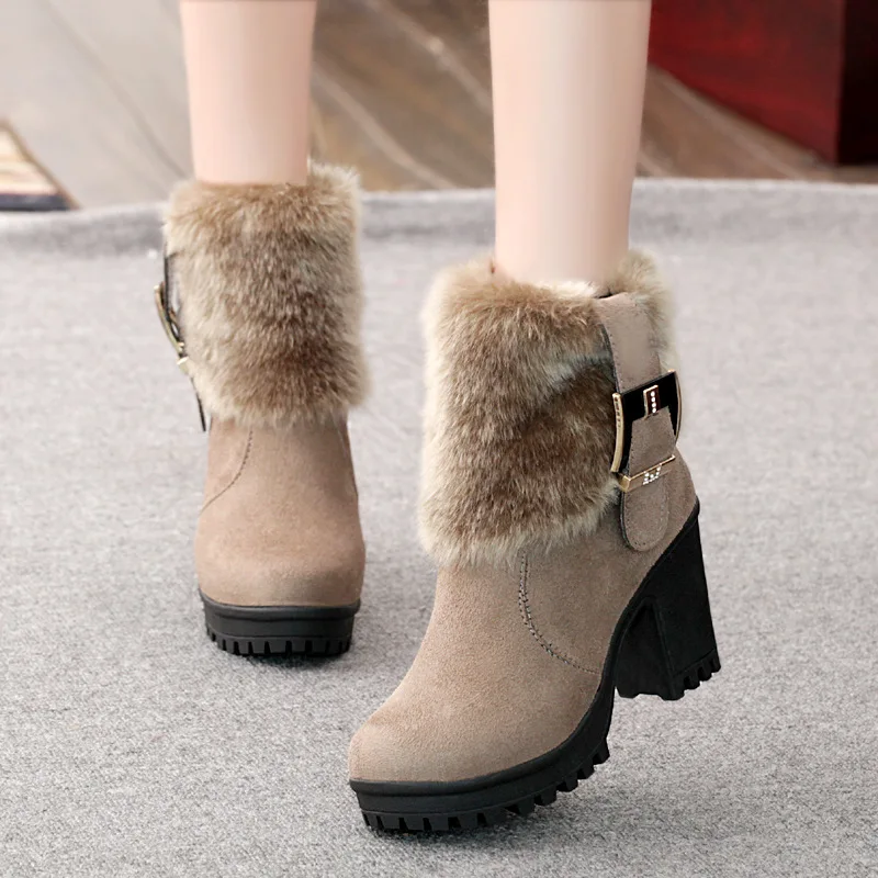 

Belt buckle high boots with short boots 2017 winter thick bottomed round Martin boots side zipper velvet warm women's boots tide