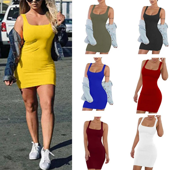 

Fashion Women Vest Dress Sexy Short Mini Dress Sleeveless Solid Slim Color Skinny Bodycon Mini Dress Vestidos Femme 2019