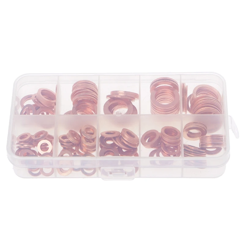 

200PCS Copper Washers Gasket Set 9 Sizes Flat Ring Seal Kit With Plastic Box