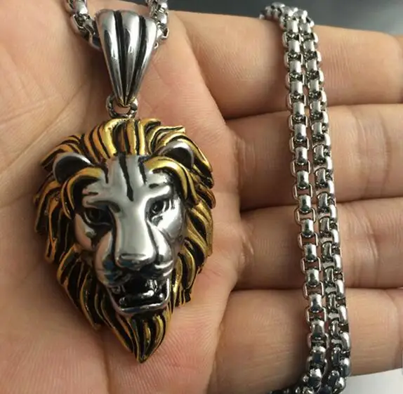 Men's Biker Gold Tone Stainless Steel Lion Head Pendant Necklace Chain 22" Gift 