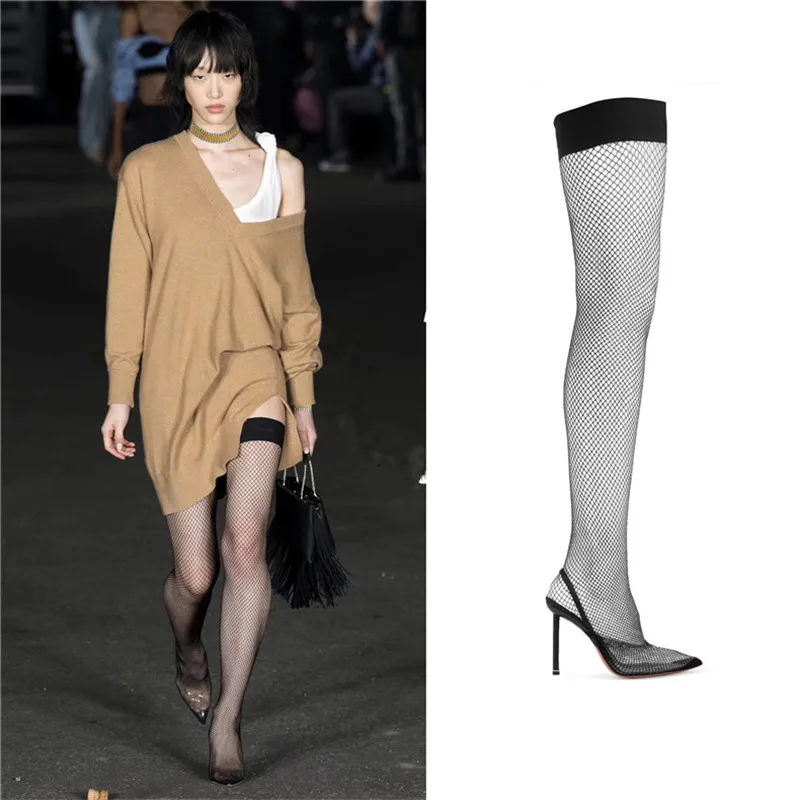 

Women Sexy Black Pointed Toe Stiletto Sandal Boots Net Sock Shoes Slip-On Shoes Woman Fashion Party Decorations