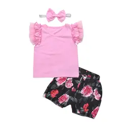 2018 новорожденных Одежда для маленьких девочек хлопок цветочные футболки Шорты для женщин Брюки для девочек наряды одежда лето 3 шт