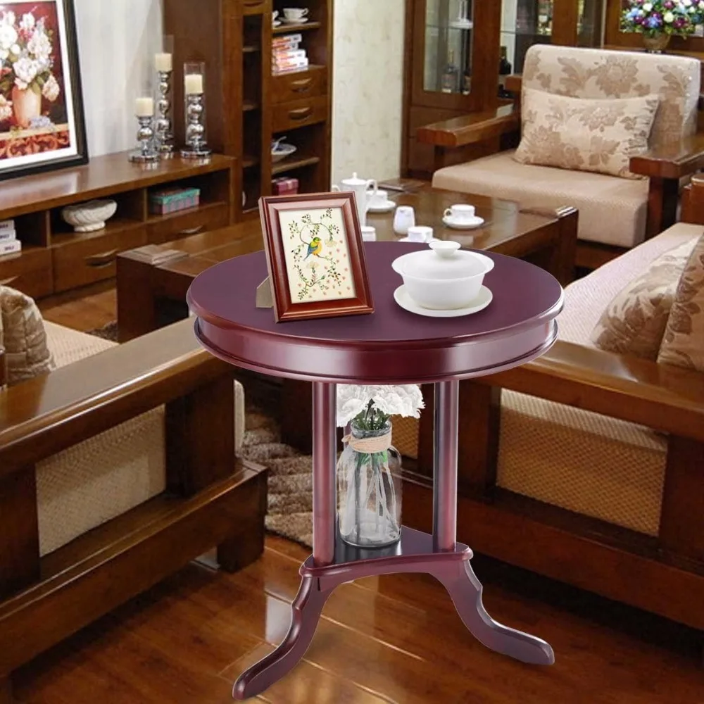 Giantex Round End Table Side Table Home Furnishing Accent Table Shelf Mahogany Living Room Furniture HW57874
