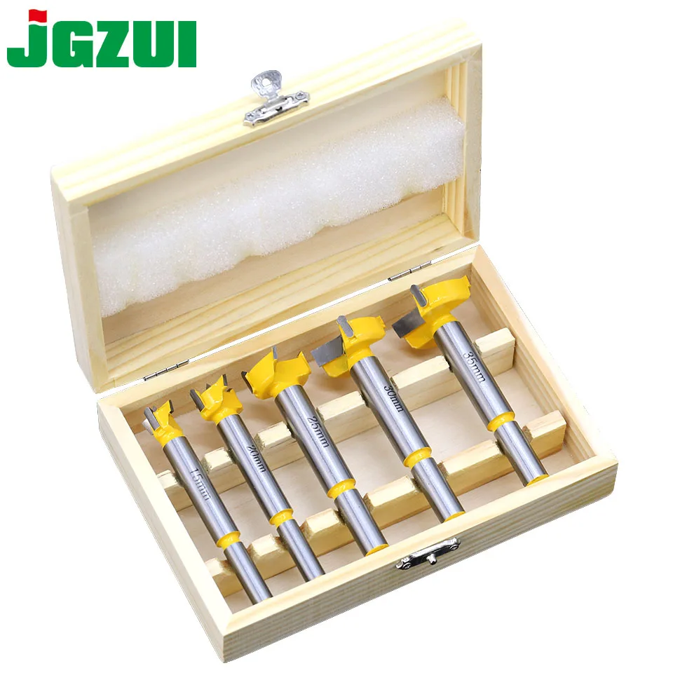 Günstige 5 stück Forstner Tipps Scharnier Boring Bohrer Bit Set für Zimmerei Holz Fenster Loch Cutter Auger Holz Bohren Dia 15 20 25 30 35mm
