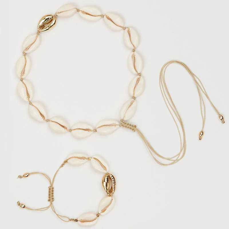 Модный популярный комплект из ожерелья и браслета, 3 разных дизайна, золотой цвет и натуральная оболочка, очаровательные ювелирные ожерелья ручной работы, набор - Окраска металла: KWX691-KWS199