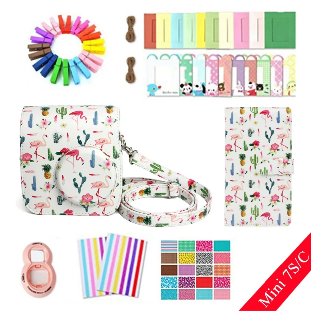 

8 in 1 Accessories Set Flamingo Cactus case Photo Frame Camera Stickers Wall Frame Clip with Rope for Fujifilm Instax Mini 7S/7C