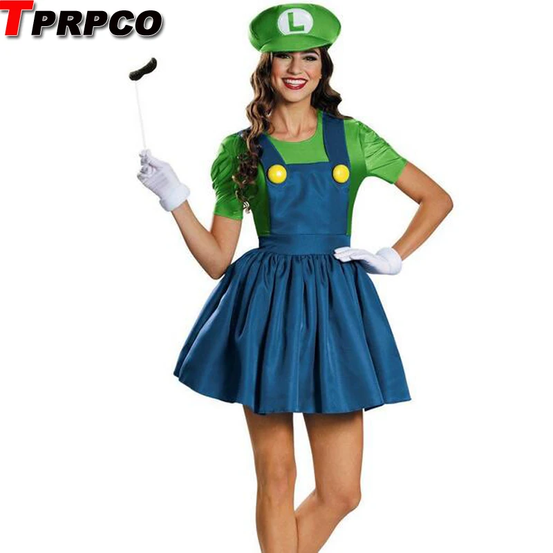 

TPRPCO Halloween Super Mario Luigi Bros Costume Women Sexy Dress Plumber Costume Adult Mario Bros Cosplay Costume Dress N147