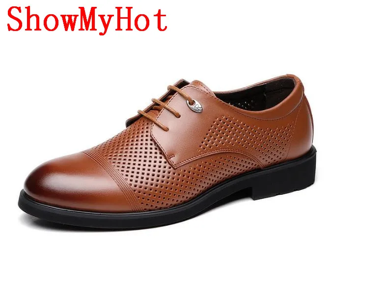 

ShowMyHot Split Leather Men Oxford Shoes Bussiness wedding Shoes hole Mesh Handmade Business Oxfords Mens Footwear Dress Shoes