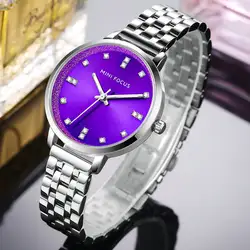 MINIFOCUS модные элегантные Для женщин кварцевые часы Фиолетовый циферблат горный хрусталь украшения Лидирующий бренд Элитная одежда дамы