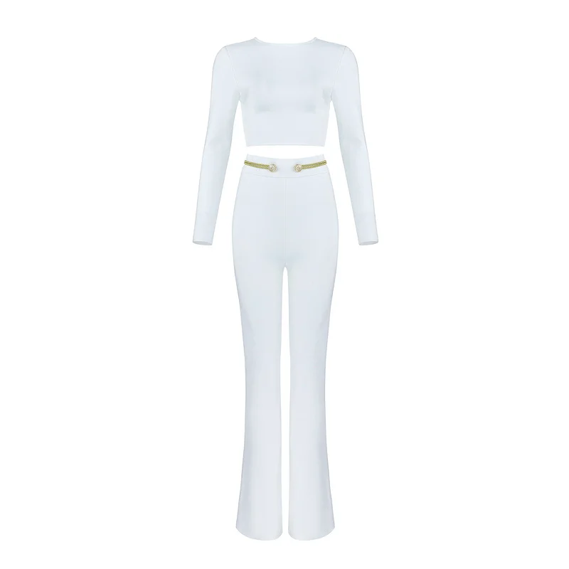 Gosexy 2018 New Women Bandage Two Piece Sets O-Neck Sexy Short Top Long Pant Suits Set With Button Formal Fashion Elegant Set