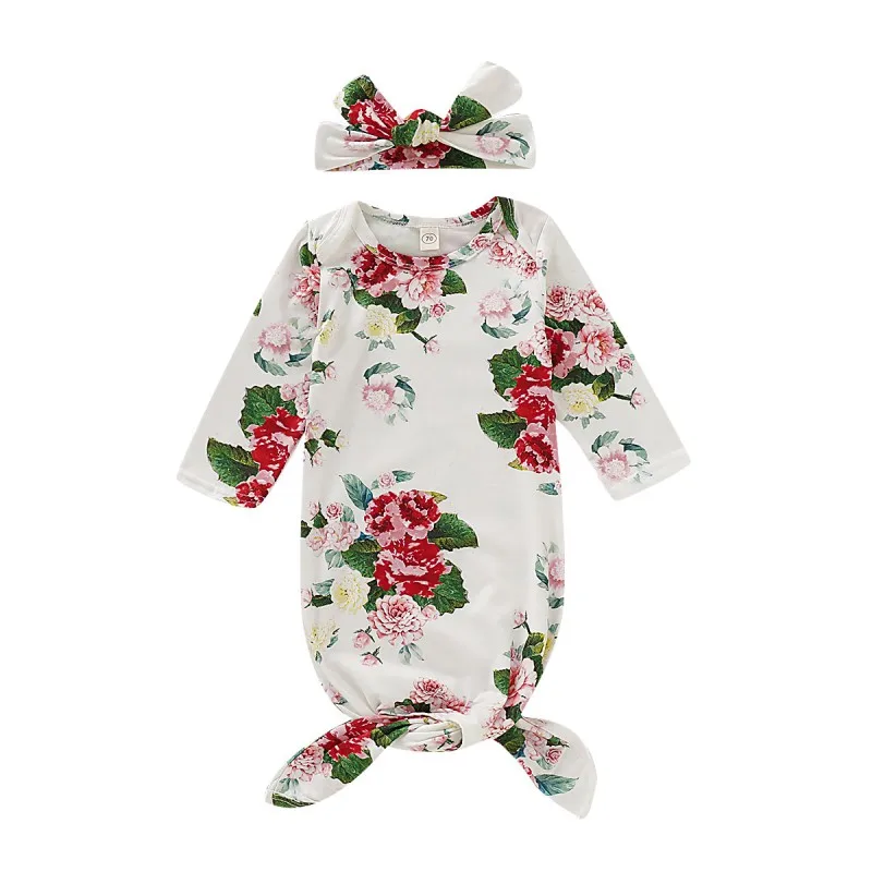 

HIgh Quality Autumn Baby Girls Long Sleeve Rompers Cotton Floral Print Sleepwear Outfits+Headband Newborn Sleeping Bag Set