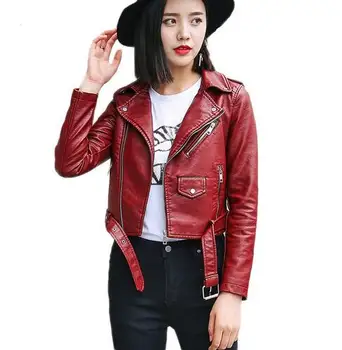 

New 2018 Pu Leather Jacket Women Fashion Pink Motorcycle Jacket Short Leatherette Rider Jacket Soft Jacket