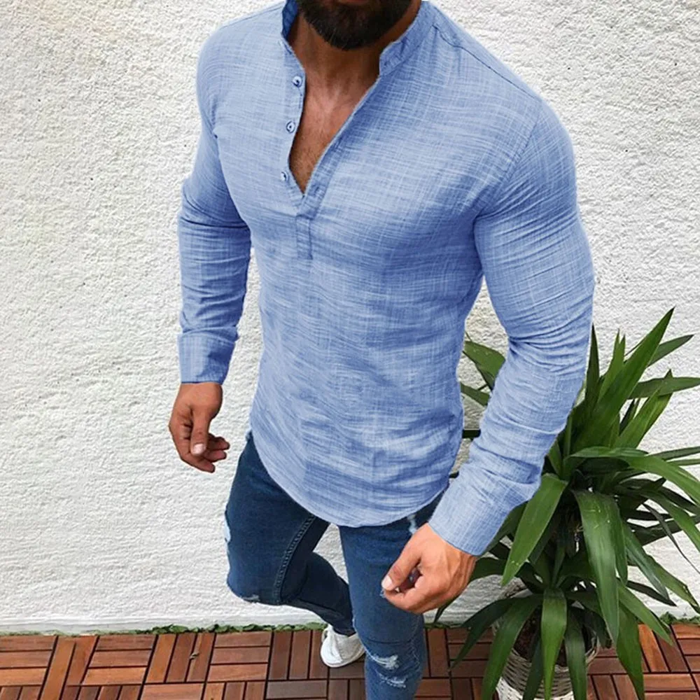 

Men's Shirts Cotton Linen Shirt Men Long Sleeve V Neck Button Up Shirts Male Casual Business Fit Blouse Men Shirt style 2019